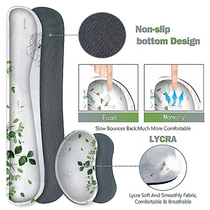 ARTSO Gaming Mouse Pad Wrist Support Set, XXL Large Desk Mat Mousepad + Keyboard Wrist Support+ Mouse Wrist Rest+Coaster 4in1 Ergonomic, Memory Foam -Green Leaves and Line Flower - color: Green leaves and Line Flower