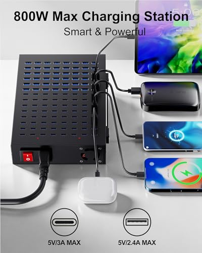112-Port 800W USB Charging Station, USB C Charger for Multiple Devices, Multi Port Desktop Charging Hub with Smart IC Protection, Ideal for Co-Working Spaces, Libraries, Restaurants & Schools