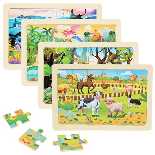 Wooden Puzzles for Kids Ages 4-6, 24 Piece Vehicle Car Construction Jigsaw Puzzles 4 Packs, Preschool Toddlers Learning Activity Puzzles Toys for Boys Girls 3 4 5 6 Years Old (Dinosaurs+Farm+Ocean) - color: Dinosaurs+farm+ocean