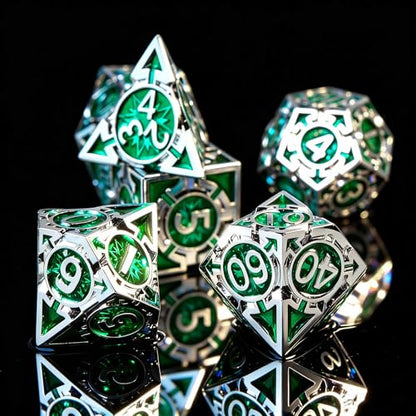 RULE DICE DND Metal Dice Set， D&D Dungeons and Dragons Dice, Cool Large Weighted 7 die Green Metal DND Dice Set, RPG MTG Role Playing Polyhedral Dice Set with D & D Gifts Box, D and D Dice Set - color: Silver-green