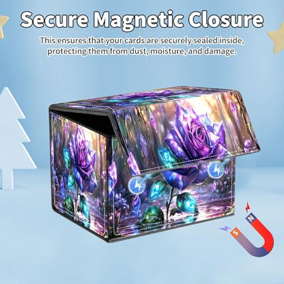 for MTG Commander Deck Box,Card Deck Box for Trading Yugioh MTG,Fits 100 Double Sleeved Cards,PU Leather Strong Magnet Case for Magic Commander TCG CCG,Purple Glitter Flower - color: Purple Glitter Flower
