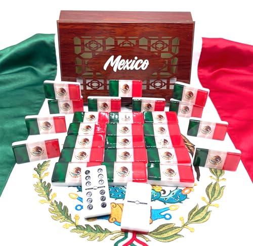 Mexico flag Dominoes Premium Edition Mexican Dominoes Set Deluxe – Double Six Domino Adult Tiles with Mexican Flag Design – Resin & Clear Top Acrylic – Classic Artisan Wooden Storage Case Included