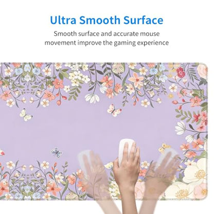 Large Gaming Mouse Pad Desk Mat, Purple Girly Floral Extended Keyboard Mouse Pad Mousepad with Non-Slip Base and Stitched Edge Mouse Mat Desk Pad Mouse Pads for Desk Home Office, 31.5 x 11.8 - color: Girly Floral Purple