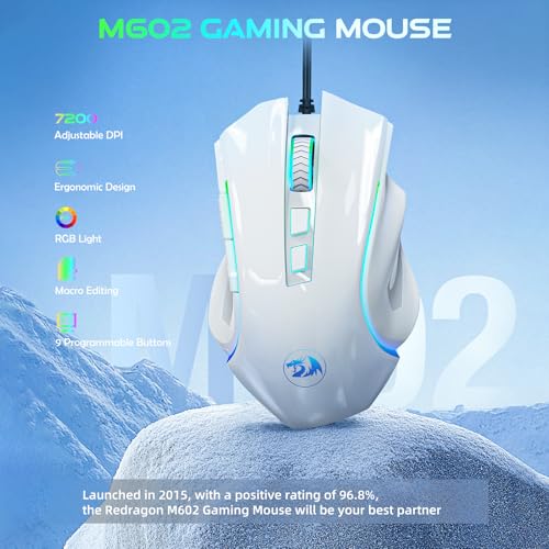Redragon M602 Gaming Mouse, Ergonomic RGB Gaming Mouse Wired with 7200 Adjustable DPI, 9 Programmable Buttons, Professional Software for Gamer Office [White] - color: White