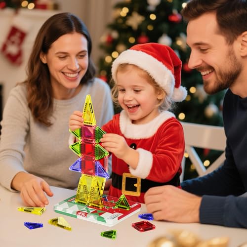 Magnetic Tiles Travel Storage Mini STEM Blocks Festive Box 26PCS 3+ | STEM magnetic building tiles with festive travel box. Great for road trips, airplanes, Montessori play & on-the-go fun - size: 26 PCS