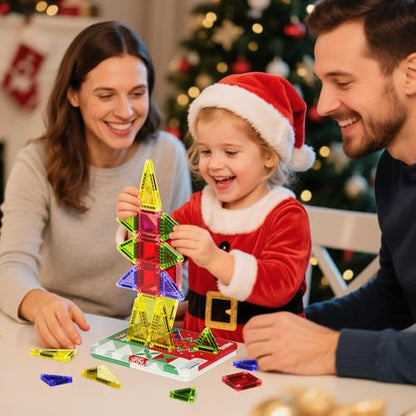 Magnetic Tiles Travel Storage Mini STEM Blocks Festive Box 26PCS 3+ | STEM magnetic building tiles with festive travel box. Great for road trips, airplanes, Montessori play & on-the-go fun - size: 26 PCS
