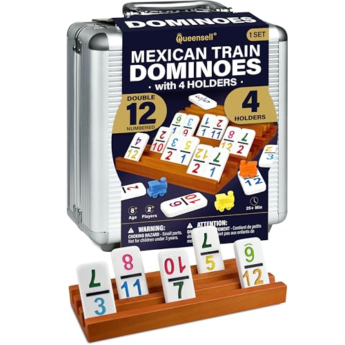 Queensell Mexican Train Dominoes Set with Numbers and 4 Holders - Wooden Hub and Domino Holders - Double 12 with Numbers (D12 Numbers + 4 Holders) - style: D12 Numbers + 4 Holders