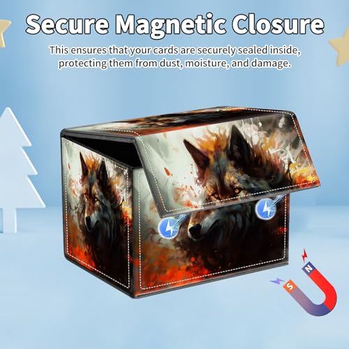 for MTG Commander Deck Box,Card Deck Box for Trading Yugioh MTG,Fits 100 Double Sleeved Cards,PU Leather Strong Magnet Case for Magic Commander TCG CCG,Fire Wolf - color: Fire Wolf