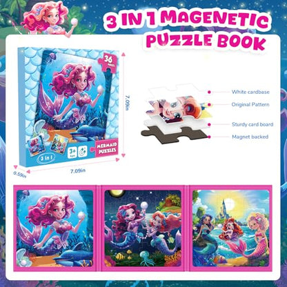 Magnetic Jigsaw Puzzles for Toddlers Kids 3-8 Girls,(3 36-Pieces) Travel Puzzles Toys for Kids Ages 4-6,Take-Along Car Airplane Road Trip Activities Game for 3 4 5 6 7 8 Year Old Birthday Gift,Mermaid - style: Mermaid Princess