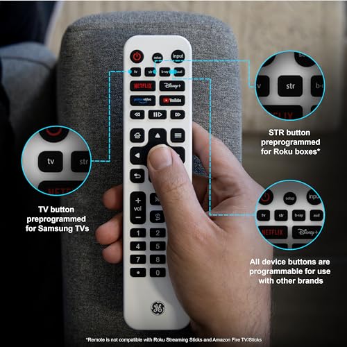 GE Rechargeable TV Remote Control, Universal Remote Control, Backlit | Samsung TV Remote Control Replacement for Smart TVs, Apple TV, Sony, Roku Replacement Remote, LG TV, 4-Device, 80984