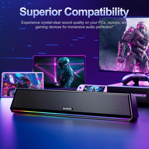Bluedee Computer Speakers for Desktop PC, Bluetooth & USB PC Sound Bar RGB | USB-A/C Audio and Power, 10W PC Speakers, Wired Plug-and-Play, Desktop Speakers for PC, Laptops, Tablet