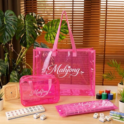 3 Pcs Clear Mahjong Bag Set, Waterproof PVC Tote Bags with Zipper Closure Large Medium Carry Bag with Storage Pouch Transparent Organizer for Mahjong Tiles, Travel,Game (Red) - color: Red