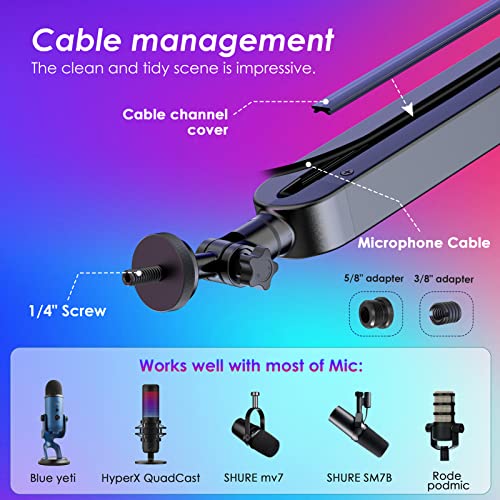 RGB Mic Boom Arm for Fifine, HyperX QuadCast 1/2 / QuadCast S/SoloCast, Shure SM7B / MV7, Blue Yeti, Rode, Shure, Razer, Gaming Mic and Most Microphones using 3/8" to 5/8" Adapter