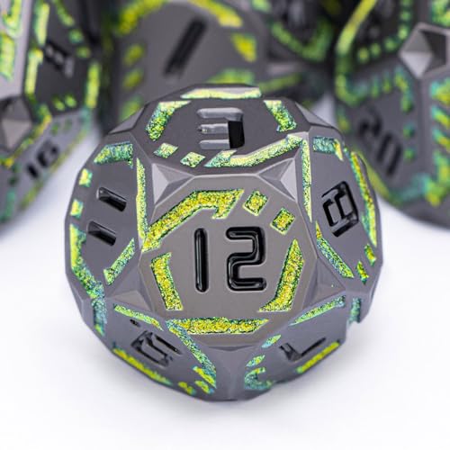 Metal DND Sci-fi Dice Set 7PCS Stripe Polyhedral Dice for Dungeons Dragons RPG Role Playing Game, Glitter D and D Dice with Gift Box D6 D8 D10 D12 D20 (Black&Green Yellow) - color: Black - Yellow Green