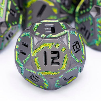 Metal DND Sci-fi Dice Set 7PCS Stripe Polyhedral Dice for Dungeons Dragons RPG Role Playing Game, Glitter D and D Dice with Gift Box D6 D8 D10 D12 D20 (Black&Green Yellow) - color: Black - Yellow Green