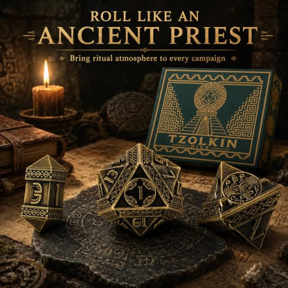 Tzolkin Metal DND Dice Set, 7-Piece Polyhedral Dice | Solid zinc alloy dice with heavy feel, Mayan Aztec calendar details, readable numbers, and temple collector box for RPG play - color: Ancient Bronze
