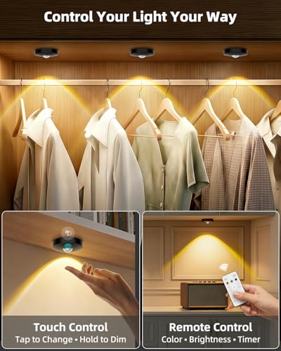 Rechargeable Puck Lights with Remote Control, 1500mAh Battery Operated Tap Lights, Dimmer & Timer Under Cabinet, Wireless LED Stick-On for Closet, Bedroom, Kitchen - Black 3Pcs - color: Black