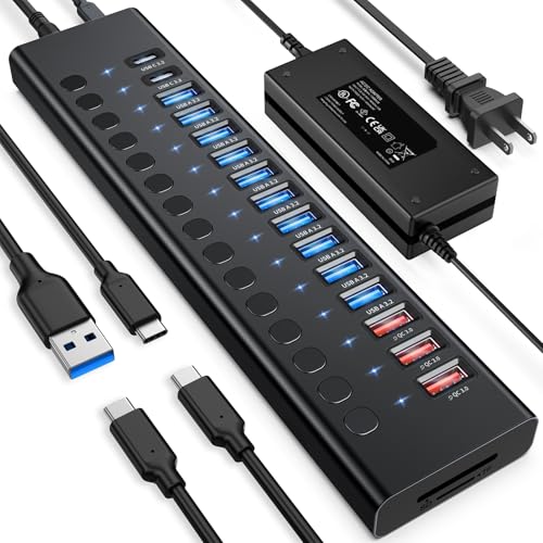 VANGREE Powered USB Hub 10Gbps, 17 Ports USB 3.2 Hub, 96W Power Adapter | 10 USB-A 3.2, 3 QC 24W Fast Charging, 2 USB-C 3.2, SD/TF, 12V/8A Power Adapter for Laptop, PC, Computer, HDD, Flash Drive - color: Black