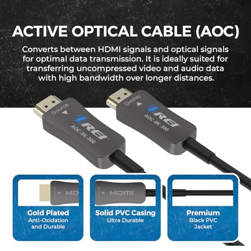 OREI 8K HDMI 2.1 Fiber Optic Cable 300ft - AOC, 48Gbps, 8K@60Hz, HDR10+, 3D - size: 300FT