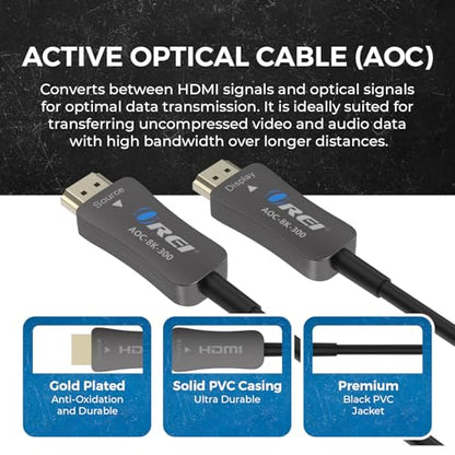 OREI 8K HDMI 2.1 Fiber Optic Cable 300ft - AOC, 48Gbps, 8K@60Hz, HDR10+, 3D - size: 300FT