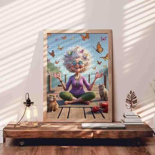Funny Grandma Meditation Yoga Jigsaw Puzzle for Adults Students 1000 Pieces Butterfly Cat Lobster Relaxing Lake Scenery Whimsical Animals 20×27 Inches Large Puzzle Brain Challenge Gift for Women Men - color: Puzzle-old Woman-02