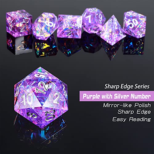 DNDND Sharp Edge Dice Set,Handmade 7 Piece DND Dice with Gift Case for DND Dungeons and Dragon Game (Purple with Silver Number) - color: Purple With Silver Num