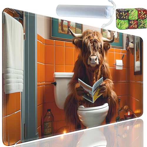 Playmat for MTG, 24x14 Inches Playmats, for TCG and CCG Trading Card Game Mat, Non-Slip Rubber for MTG Playmats with A Storage Bag and 6 Dice Set, Highland Cow on The Toilet Pattern - color: Yu-Playmat-1-E131