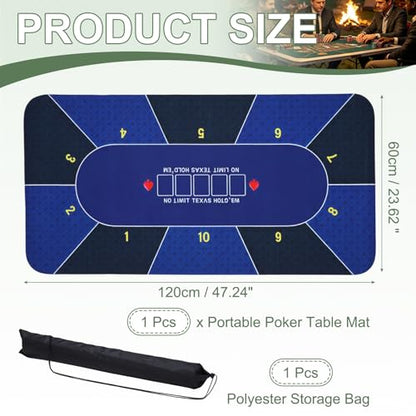DTGN Portable Poker Table Mat, 47" x 24" Non-Slip Foldable Rubber Poker Mat, Noise Reduction Table Top with Polyester Storage Bag for Tabletop Games Home Games Night, Dark Blue - size: 47" x 24"