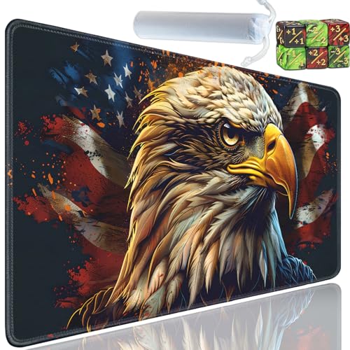 Playmat for MTG, 24x14 Inches Playmats, for TCG and CCG Trading Card Game Mat, Non-Slip Rubber for MTG Playmats with A Storage Bag and 6 Dice Set, American Flag Eagle Pattern Black - color: Yu-Playmat-1-D115