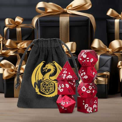 Metal Dice Set, Flat Face Red Plum Blossom Pattern, 7pcs Polyhedral Metal DND Dice Set, DND Starter Set, D&D Gifts with Gift Bag, Role Playing Board Games Accessories, Red - color: Red With Gift Bag