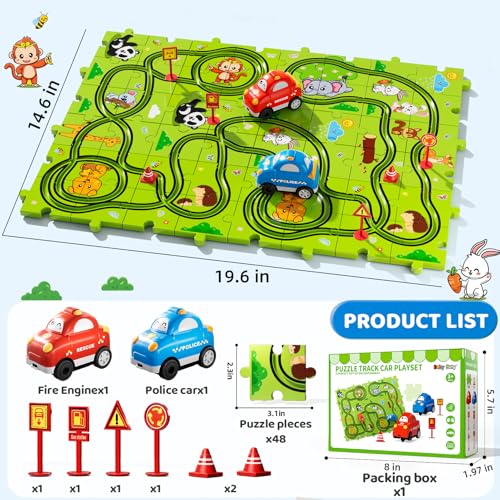 Beby Buty 48PCS Puzzle Race Track Car Set Toys for Kids Boys, Floor Puzzle Car Tracks for Boys Ages 3-5 4-6, Toddler Toys Gifts for 3 4 5 Year Old Kids, Ideal 3 4 5 6 Year Old Birthday Gifts - style: 48 PCS Animal Theme