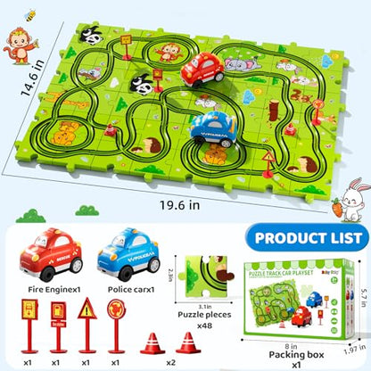 Beby Buty 48PCS Puzzle Race Track Car Set Toys for Kids Boys, Floor Puzzle Car Tracks for Boys Ages 3-5 4-6, Toddler Toys Gifts for 3 4 5 Year Old Kids, Ideal 3 4 5 6 Year Old Birthday Gifts - style: 48 PCS Animal Theme