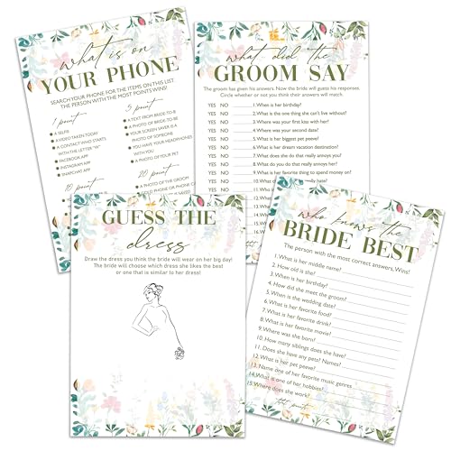 Wildflower Bridal Shower Games Set, 4 Games Includes Find The Dress, What's On Your Phone, What Did The Groom Say, Who Knows The Bride Best, 50 Double-Sided Cards, Wedding Party Supplies -01 - style: 4 Games Set-01
