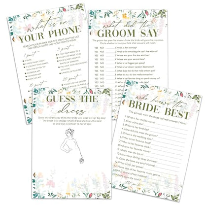 Wildflower Bridal Shower Games Set, 4 Games Includes Find The Dress, What's On Your Phone, What Did The Groom Say, Who Knows The Bride Best, 50 Double-Sided Cards, Wedding Party Supplies -01 - style: 4 Games Set-01