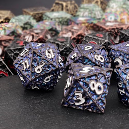 Haxtec Metal DND Dice Set Black Blue Polyhedral D&D Dice Compatible with Dungeons and Dragons Gift TTRPG Glitter Metal Dice - color: Black Blue White