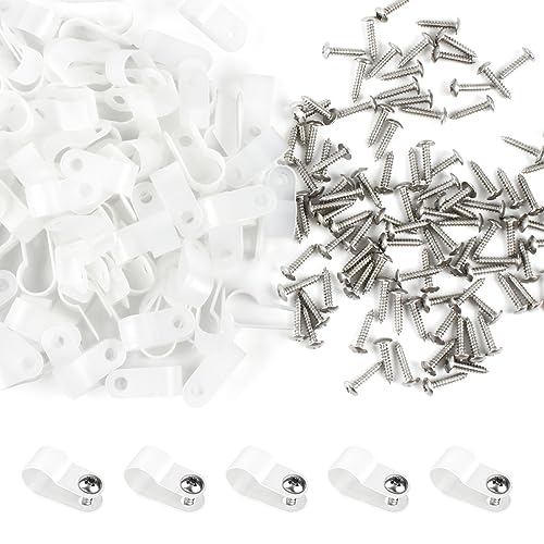 RGBZONE 120pcs 3/16" White R-Type Cable Clips with Screws | Nylon Plastic Wire Clips for Indoor Outdoor Electrical Wire Cord Management (5.3mm, 3/16") - color: White, size: 3/16 Inch