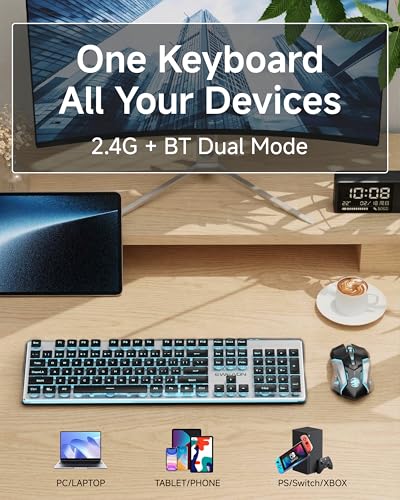Wireless Keyboard and Mouse Combo with White Backlit Pudding Keycaps, Bluetooth & 2.4G, 2000mAh Rechargeable, Full Size, Metal Panel Quiet Computer Keyboard Set for Windows PC Desktop - Black - color: Black