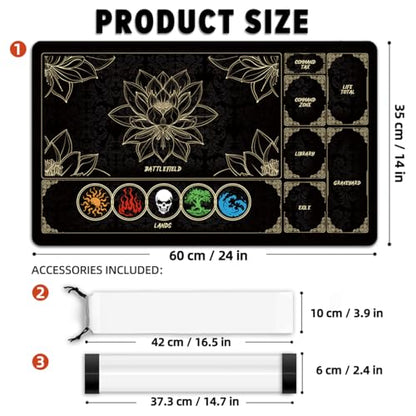 MTG Playmat with Play Zones – Magic Play mat Card Game Mat for Magic The Gathering, Lotus & Basic Lands Design, 24x14 inch, Stitched Edge, Non-Slip Base with Prismatic Playmat Tube-Colorful Lands - color: Zone 2-colorful Lands