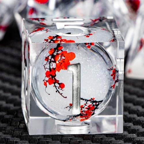 ARUOHHA DND Resin Dice Plum Blossom Liquid Core White Sharp Edge Dragons Polyhedral Dice Set with Gift Box, Compatible with D&D Role Playing Game Dungeons D and D Dice Set D20 D12 D10 D6 - color: Flower&silvery White