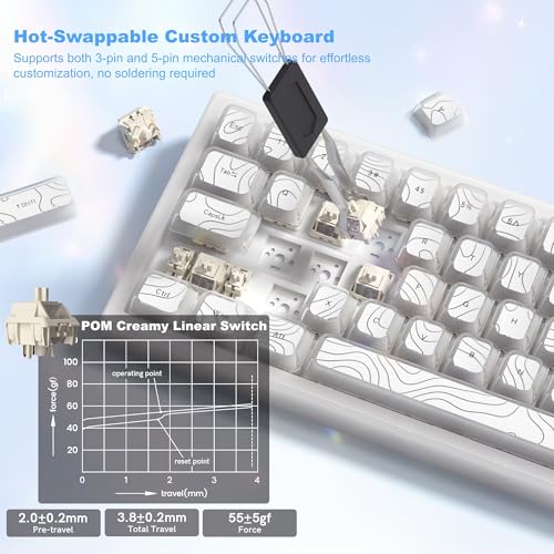 Womier 60% Keyboard Gaming, Wireless Mechanical Creamy Keyboard QMK/VIA | Topographic Hot-Swappable BT5.0/2.4G/USB-C RGB Key board Double-Layer Clear Keycaps for Mac/Win/Gaming (Q61 V2) - color: C-White Transparency