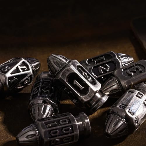 UDIXI Metal DND Dice Set, D&D Solid Polyhedral Bullet Metal Dice Set Nickel | 7PCS, Cool Design, Magazines Container and PU Leather Bag, for Dungeons and Dragons Role Playing Games and Tabletop Games RPG - color: Ancient Silver