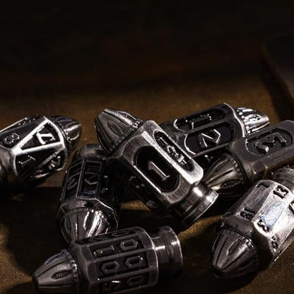 UDIXI Metal DND Dice Set, D&D Solid Polyhedral Bullet Metal Dice Set Nickel | 7PCS, Cool Design, Magazines Container and PU Leather Bag, for Dungeons and Dragons Role Playing Games and Tabletop Games RPG - color: Ancient Silver