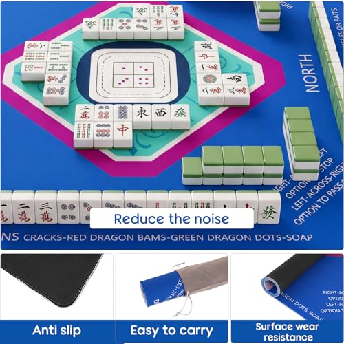 Elstey Mahjong Mat, Non-Slip Neoprene Mahjong Table Cover with Game Rules & Carrying Bag, Noise Reduction Square Board Game Mat for Poker, Dominoes, Tile Games, 32.2x32.2 Inch, (Minimalist Style) - color: Blue