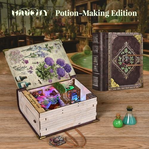 MiniCity Potion-Making Book Nook Kit, 3D Wooden Bookshelf Puzzle with LED | 229-piece book-style DIY kit with LED and dust cover; glue/tools and guide included; 4-6 hr build for shelf decor, ages 14+. - style: Potion-Making Edition