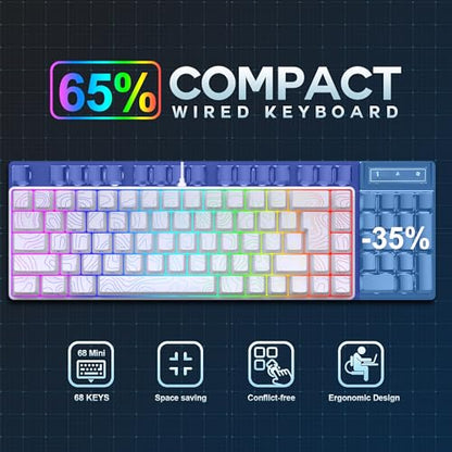 Snpurdiri 65% Wired Gaming Keyboard, 68 Keys RGB (Contour-line, White) | Backlit Ultra-Compact Small Gaming Keyboard, for PC/Mac Gamer, Typist, Travel, Easy to Carry on Business Trip - color: white