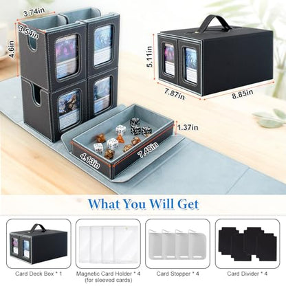 Commander Deck Box for MTG 400+ Double-Sleeved Card Storage, Trading Card Storage Box with Commander Display, Dice Tray for TCG PTCG EDH, 4 Toploaders, 4 Stoppers, 4 Magnetic Card Holder