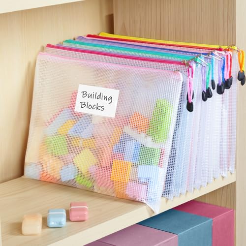 Sooez 20 Pack Mesh Zipper Pouch Bags, A4 Letter Size, Classroom Zipper Bags | Waterproof Bag Organizer with Label Pocket, School Office Teacher Student Supplies, Storage Pouches Board Game Toy Storage - style: 20 Pack