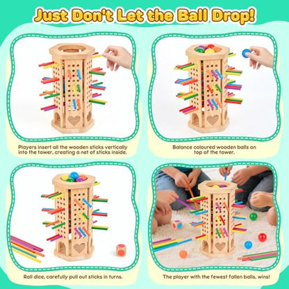 Montessori Wooden Board Game, 42-Stick Dice Game, Math Puzzle Toy for Kids 3 4 5 6 Years Old, Develops Fine Motor Skills and Counting, Perfect for Family Nights, Gift for Boys and Girls