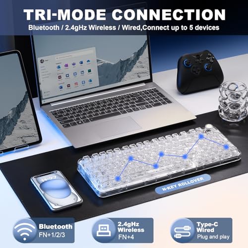 YUNZII X98 Clear Wireless Mechanical Keyboard with Knob (White,Snow Switch) | BT5.0/USB-C/2.4GHz,1800 Layout with Number Pad,Pre-lubed Switches Gasket Mount ,Clear Keyboard with RGB for Wins/Mac/Gaming - color: White, size: Snow Switch