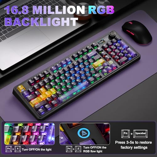 AJAZZ AK980 V2 Pro Mechanical Keyboard, 10000mAh Battery & Dual 8K Tri-Mode Gaming Keyboard with LCD Screen & Metal Knob, Hot Swappable Creamy Keyboard,for Win/Mac(Purple,Lychee Switch) - color: Purple